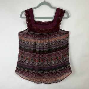H.I.P. Sleeveless blouse lacey straps burgundy floral design L